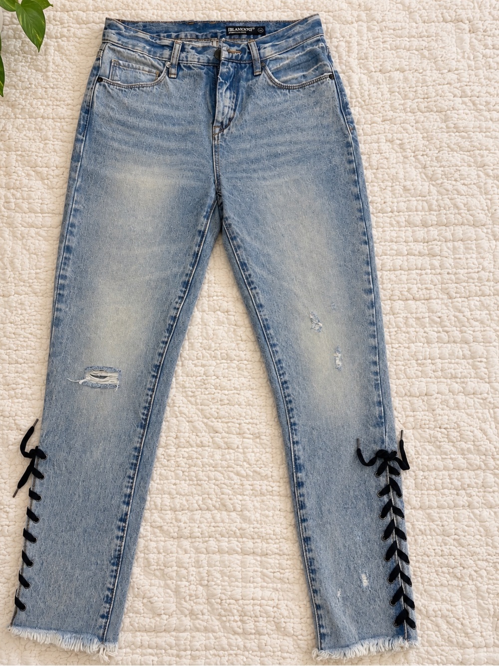 Blank NYC Light Blue Lace-Up Hem Ankle Jeans